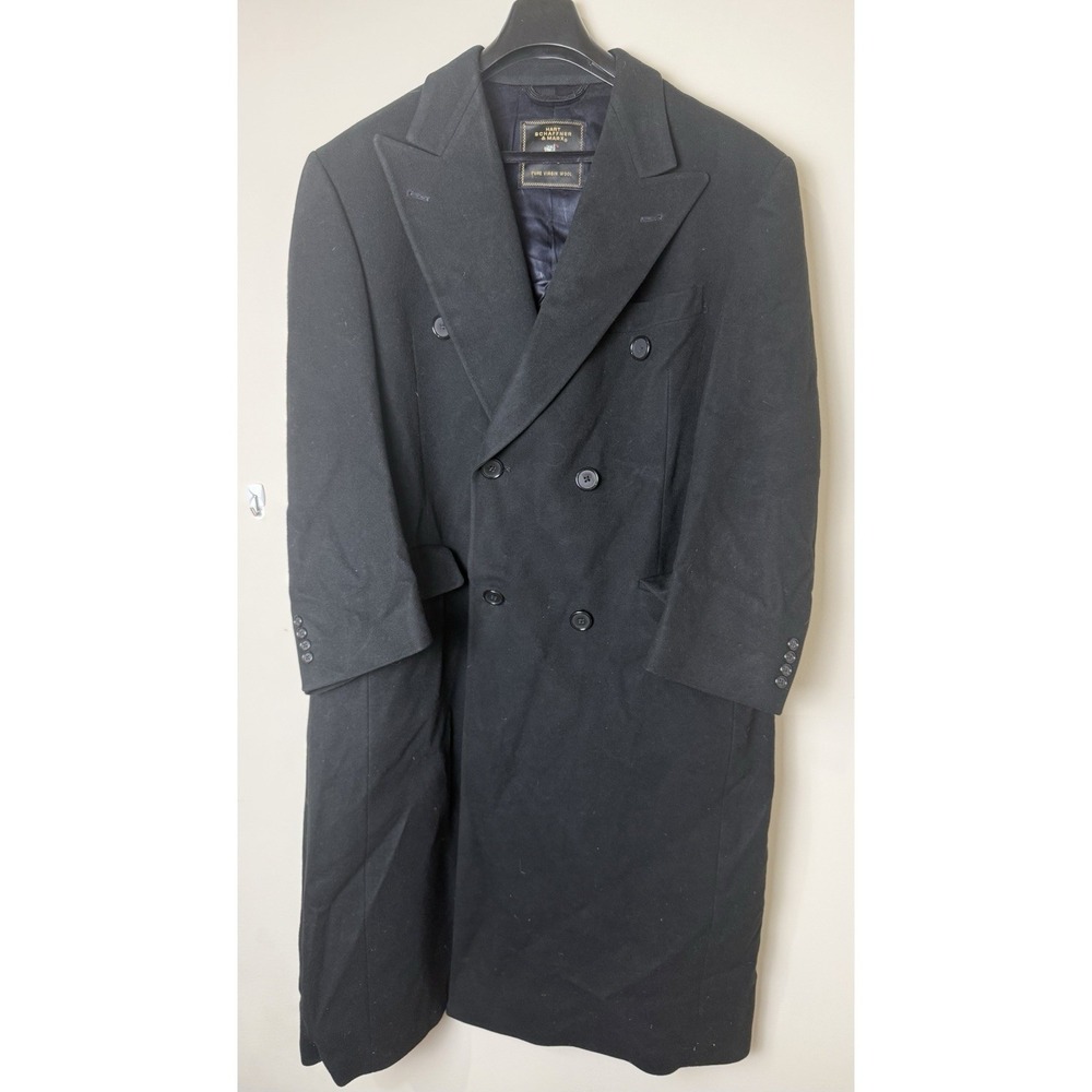 Vintage Men's Hart Schaffner & Marx Pure Virgin Wool Long Overcoat Black Sz. 42R